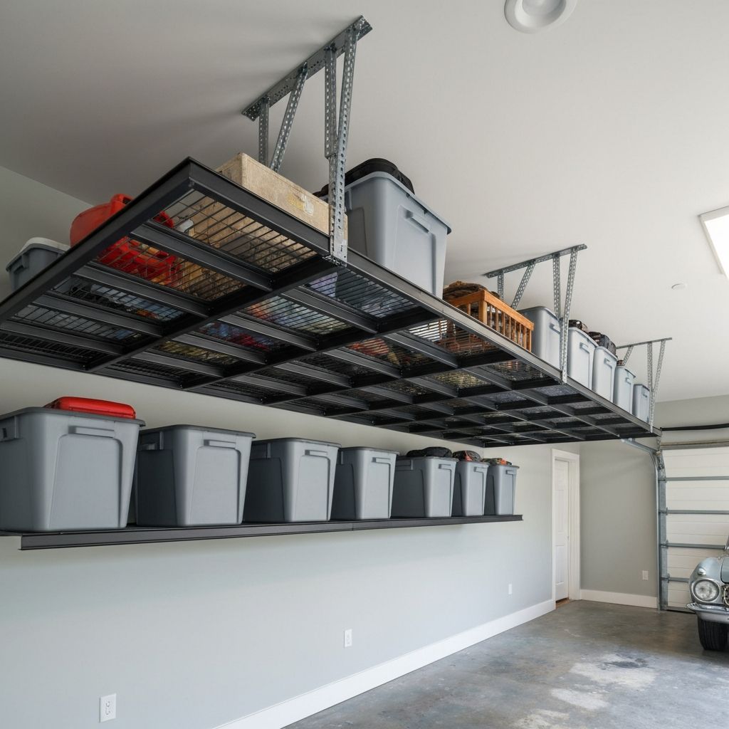 Heavy-duty overhead ceiling storage racks holding storage bins in an organized garage